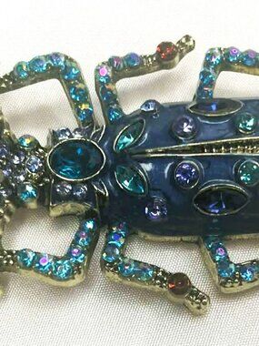 Crystal Beetle Brooch Enamel Gold Tone Statement Pin Large Insect Jewelry